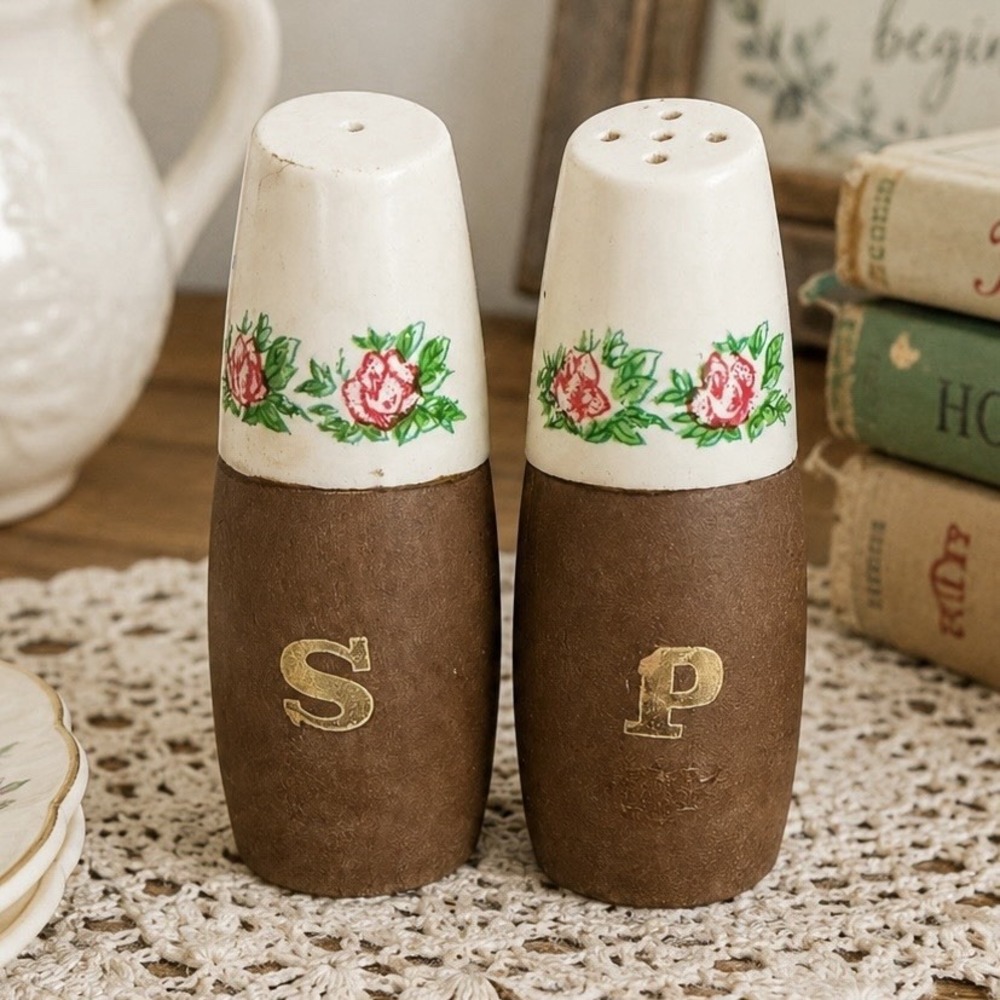 VTG Wood And Porcelain Salt Pepper Shaker Set With Floral Design MCM & Cottage